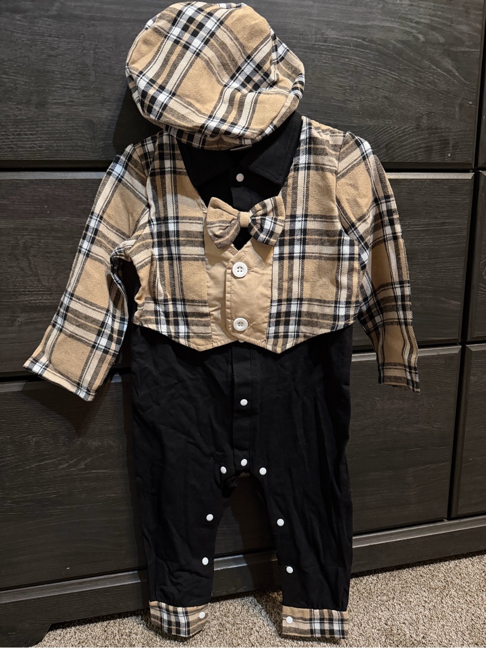 Plaid Tan & Black Baby Boy Tuxedo Romper with Cap